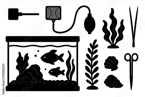 Aquarium essentials silhouette set. Fish tank, tools, decor icons. Vector cartoon illustration for aquascaping hobby. Fish, plants, net, pump, shells, scissors collection.