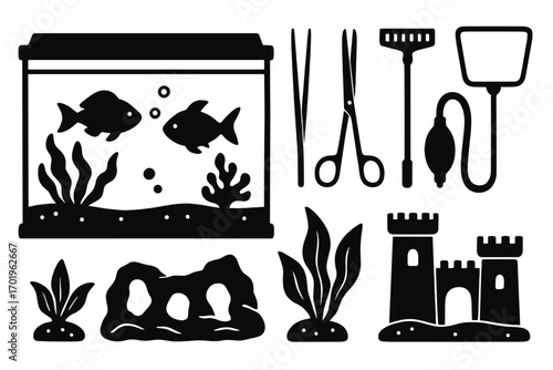 Aquarium essentials silhouette icon set. Fish tank, maintenance tools, and decor collection. Vector illustration for pet shop, hobby, and aquascaping. Fish, plants, castle.