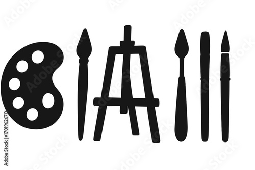 Art supplies icon set with palette, paintbrush, and easel silhouettes. Vector graphic collection of artist tools for painting and drawing. Creative hobby and profession concept.