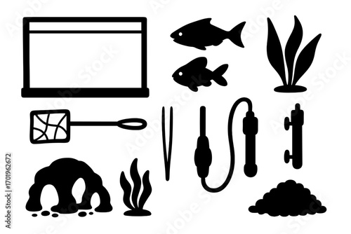 Aquarium essentials and fish tank equipment set in silhouette style. Vector collection of pet care icons for aquascaping hobby. Includes fish, plants, filter, heater, net and decor.