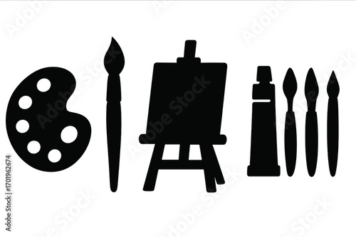 Art supplies icons set with palette, paintbrush, and easel silhouettes. Artist tools for painting and creativity. Vector illustration for creative hobby or art studio concept.