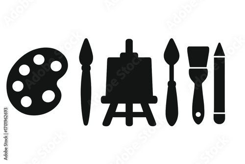 Art supplies vector icon set with painter tools. Black silhouettes of palette, paintbrush, easel, and pencil for drawing or painting. Creative hobby and artist equipment.