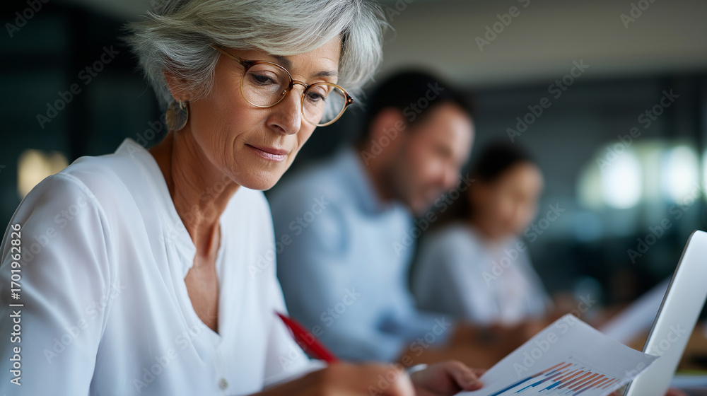 Fototapeta premium A middle aged man analyzes charts on a laptop a senior woman and a young Asian woman reviewing papers with red pens top view financial analysis multiethnic collaboration