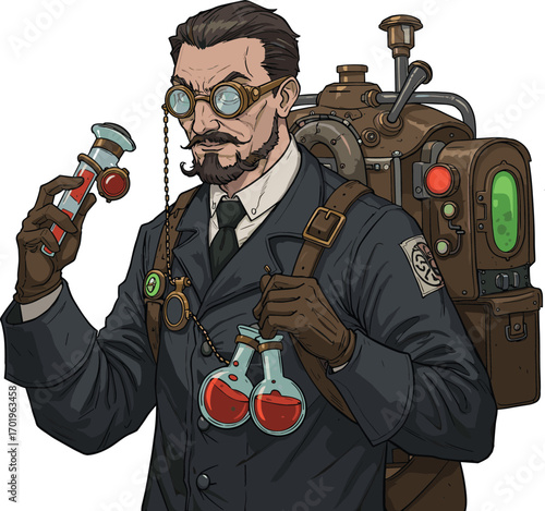 Steampunk scientist with goatee, monocle, Victorian coat, leather gloves, mechanical backpack, red chemical flasks, alchemist, vintage inventor, retro-futuristic laboratory