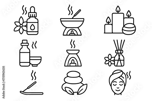 Aromatherapy outline icon set. Spa, relaxation and wellness line collection. Vector icons for massage, meditation, essential oil, incense, zen stones and beauty care.