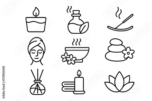 Aromatherapy spa wellness outline icon set. Line icons for relaxation, meditation, and beauty. Vector collection with candle, essential oil, zen stones, and lotus flower.