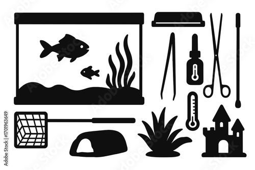 Aquarium essentials silhouette icon set. Fish tank care tools, equipment & decoration. Vector illustration of aquascaping accessories for pet fish. Black flat graphic elements.