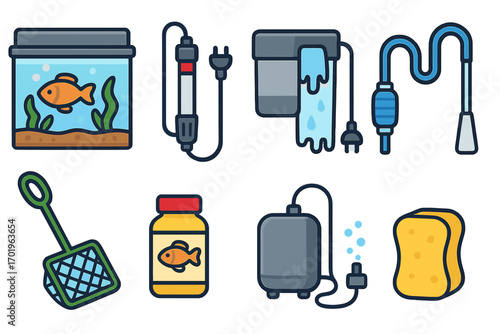 Aquarium equipment icon set for fish care and maintenance. Vector cartoon illustration of fish tank, filter, heater, air pump, food, net, siphon, and sponge essentials.