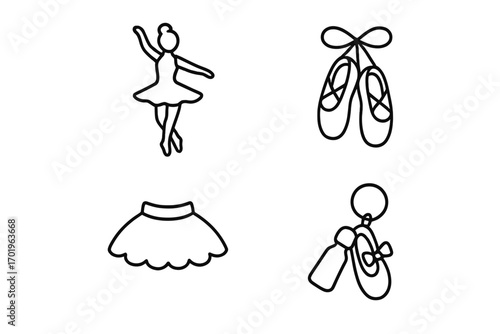 Ballet essentials outline icon set. Ballerina, pointe shoes, tutu skirt, and keychain vector symbols. Classic dance and choreography concept for fitness and performance.