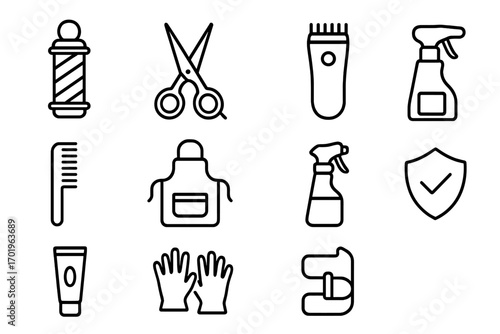 Barber shop line icon set. Hairdressing tools collection for salon and barbershop. Vector outline symbols of scissors, clipper, comb, apron, gloves, and safe service.