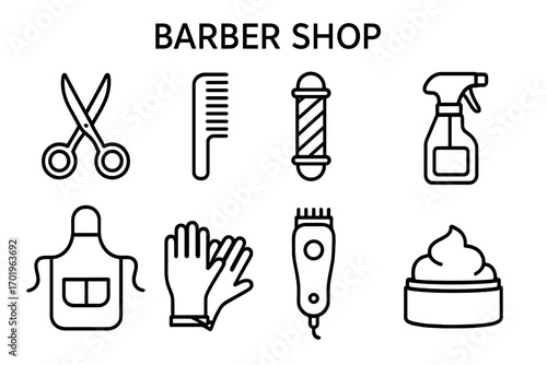 Barber shop line icon set. Hairdressing and grooming tools collection. Vector outline illustration of scissors, comb, clipper, barber pole, apron, gloves, spray and pomade.