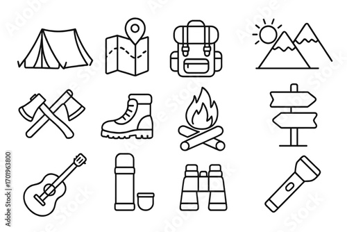 Camping and hiking outline icon set. Outdoor adventure and travel essentials collection. Vector linear icons for tourism and recreation, including tent, backpack, map, and campfire.