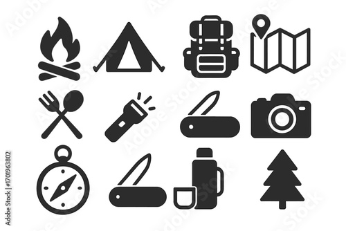 Camping icons set. Outdoor hiking and travel adventure equipment. Vector silhouette symbol collection of essentials. Campfire, tent, backpack, compass, map, knife, camera.