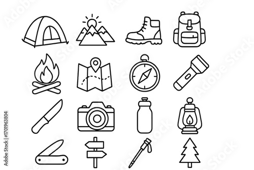 Camping hiking outline icon set. Outdoor adventure essentials collection. Linear equipment symbols for travel & nature exploration. Vector line art for trek, camp & journey.