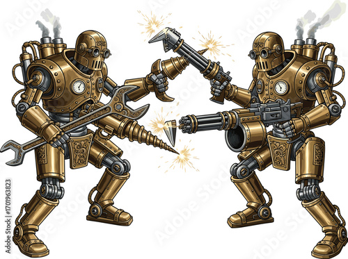 Steampunk robots battle with mechanical weapons, brass armored automaton warriors, vintage sci-fi steam-powered robots, industrial robot guns 