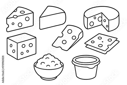 Cheese and dairy outline icon set. Assorted cheese slices, blocks, wheel. Swiss, cheddar, parmesan, mozzarella. Cottage cheese, cream cheese. Vector food icon collection.
