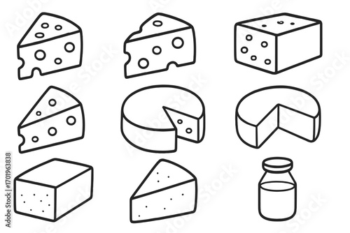 Cheese and dairy outline icon set. Assorted cheese slices, blocks, wedges, and wheels. Vector cartoon line art collection for food logo, menu, or dairy product design.