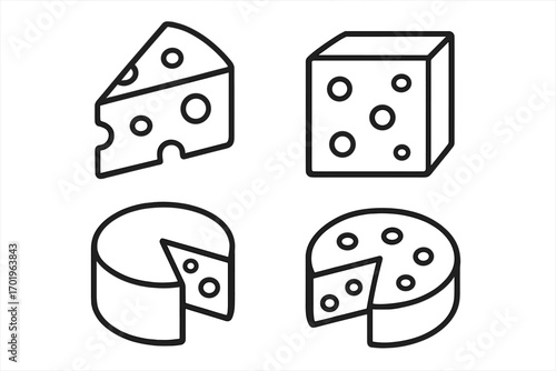 Cheese icon set in outline style. Dairy food symbol collection. Vector line art of cheddar, swiss, parmesan. Gourmet cheese wedge, wheel, and block for logo design. Snack.