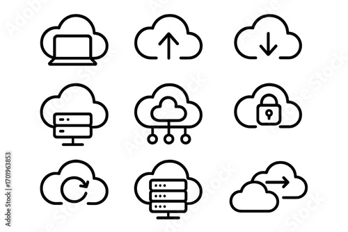 Cloud technology vector line icon set. Icons for computing, data storage, network, server, database, security, upload, download, sync, migration. Thin line pictogram.