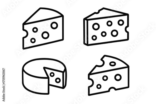 Outline cheese icon set. Dairy and gourmet food collection with Swiss, cheddar, and parmesan cheese wedge, block, and wheel. Vector linear symbols for logo or menu design.
