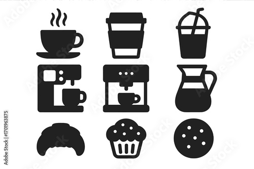 Coffee shop icon set. Vector glyph collection of minimalist silhouettes for cafe. Includes espresso machine, cup, pastry, cookie, croissant, and take away drink symbols.