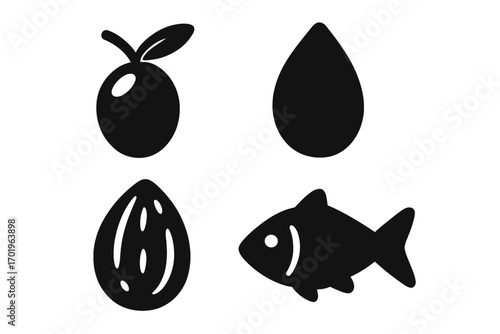 Set of healthy food icons with sources of omega 3 and unsaturated fats. Black silhouettes of olive, fish, almond nut and oil drop. Nutrition and diet concept vector.