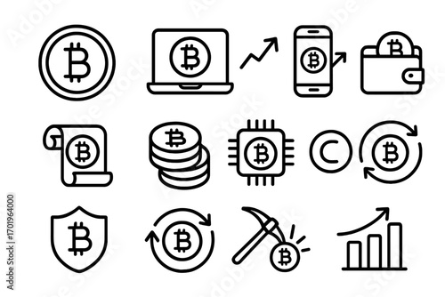 Bitcoin cryptocurrency outline icon set. Digital money and blockchain technology symbols. Crypto mining, trading, investment, and finance vector graphic elements. Wallet, exchange.