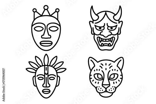 Traditional cultural mask icon set. Ethnic outline collection with African tribe, Japanese Oni demon, and wild animal masks. Vector spiritual symbols for logo or tattoo design.