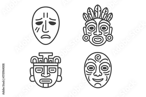 Cultural mask icon set. Traditional ethnic masks outline collection. Vector illustration of ancient tribal ritual artifacts. Happy and sad emotions. African, Aztec, Mayan faces.