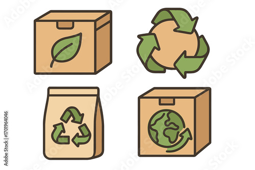 Eco friendly packaging icon set. Sustainable and recyclable materials concept. Vector icons for conservation and environmental care. Cardboard box, paper bag, green leaf, planet earth.