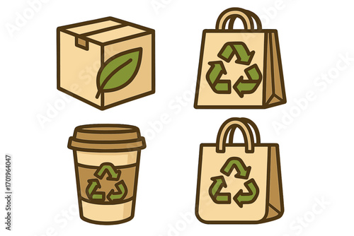 Eco friendly packaging icon set. Sustainable recyclable materials. Vector paper bag, coffee cup, cardboard box. Zero waste, go green, biodegradable, and conservation concept.
