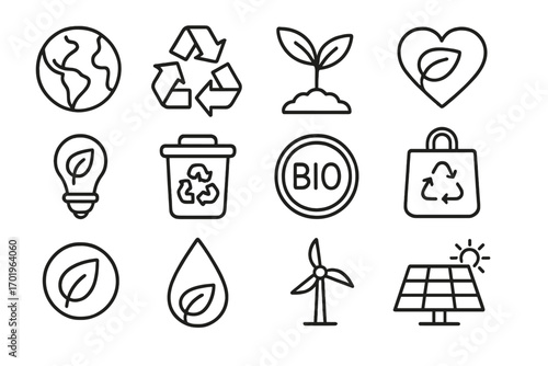 Ecology line icon set for recycling and sustainability. Eco friendly symbols for green energy, nature conservation, and environmental protection. Vector pack with bio and planet icons.