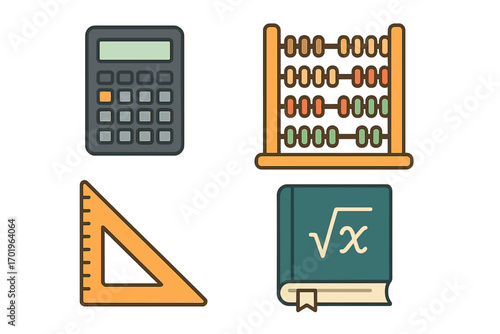 Math education tools icon set. Vector cartoon illustration of calculator, abacus, set square ruler, and textbook. For back to school, learning, and study concepts. Flat design.