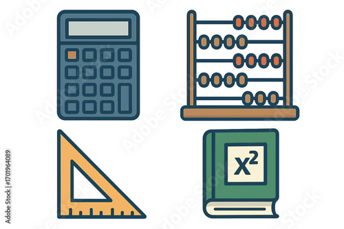 Math education icon set with calculator, abacus, triangle ruler, math book. Vector cartoon illustration. School supplies for learning, arithmetic, geometry. Flat design icons.