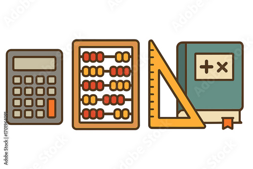 Set of educational tools for math. School supplies like calculator, abacus, triangle ruler and textbook. Vector cartoon illustration for learning, study and mathematics.