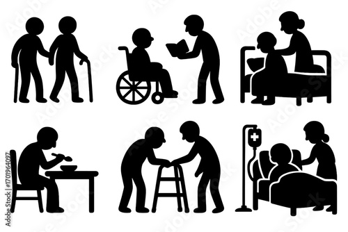 Elderly care silhouette icon set. Senior daily life and health support. Patient with caregiver, walker, wheelchair. Vector for medical, nursing home, and assistance concepts.