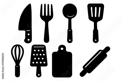 Essential kitchen utensils icon set. Bold silhouette style vector graphic. Cooking and baking tools collection with knife, fork, spoon, spatula, whisk, grater, rolling pin.
