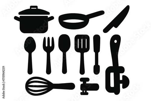 Essential kitchen utensils icon set in bold silhouette style. Cooking tools vector collection with pot, pan, knife, fork, spoon, spatula, whisk, and pizza cutter. Gastronomy.