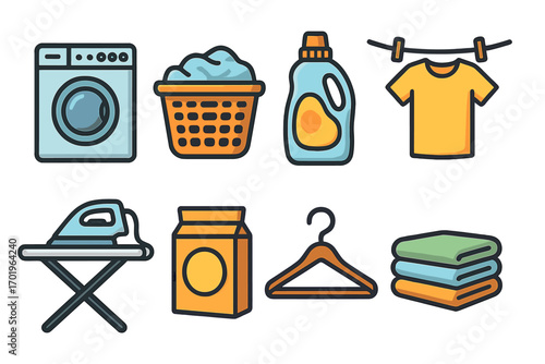 Laundry service icon set with washer, basket, detergent, clothesline, and iron. Vector cartoon illustration for household chores, housework, cleanliness, and washing concepts.
