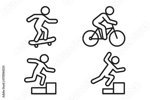Extreme sports line icon set. Skateboarding, cycling, parkour pictogram collection. Urban activity linear symbols. Vector stick figure illustration. Freestyle, freerunning action.