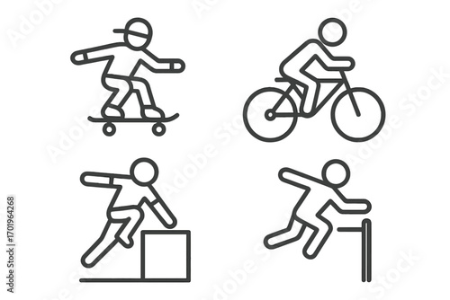 Extreme sports line icon set. Skateboarding, cycling, and parkour linear icons. Urban sport activity collection. Vector pictogram symbols for freestyle, jumping, and riding.