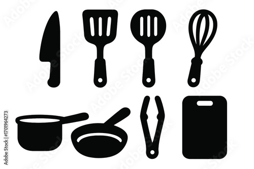 Kitchen utensils vector icon set. Cooking equipment silhouettes. Knife, spatula, pan, pot, whisk, tongs, cutting board. Culinary tools for gastronomy design elements.