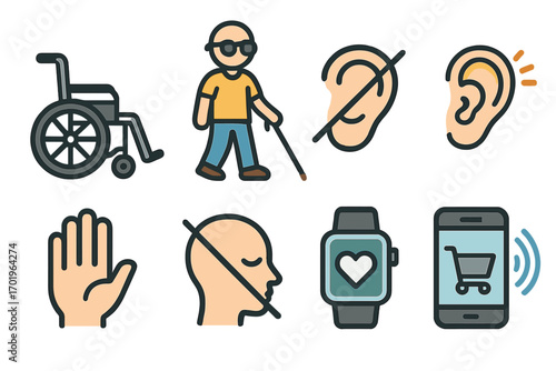 Accessibility icon set. Disability and modern lifestyle vector illustration. Icons for blind, deaf, mute person, wheelchair user. Health tech and online shopping symbols.