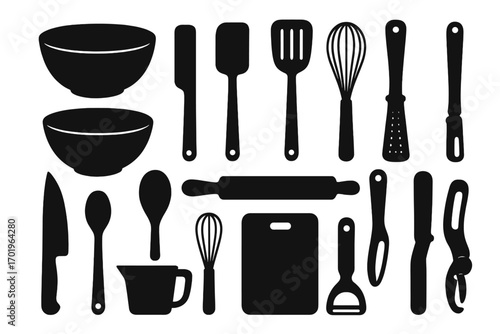 Kitchen tools silhouette set. Cooking and baking utensils vector icons. Spatula, whisk, rolling pin, mixing bowl, knife and cutting board. Essential cooking equipment.