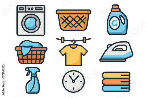 Laundry icon set vector collection. Washing machine, basket, detergent, and iron symbols. Household chore and cleaning service graphics. Clean clothes cartoon illustration.