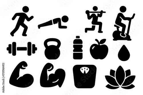Fitness and wellness icons set. Vector silhouette symbols for gym, workout, healthy lifestyle. Exercise, training, sport, and diet pictograms. Bodybuilding, yoga, running.