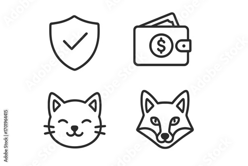 Finance and animal line icon set. Includes secure shield, money wallet, pet cat, and wild fox symbols. Vector illustration for business, insurance, and pet care concepts.
