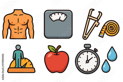 Fitness and health vector icon set. Concepts of weight loss, diet, body measurement, and workout. Includes scale, caliper, tape measure, BMI, apple, and stopwatch icons.