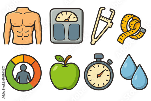 Fitness health icon set. Weight loss concept. Body measurement, scale, caliper, tape, bmi, nutrition, apple, stopwatch, hydration. Vector cartoon pack for healthy lifestyle.
