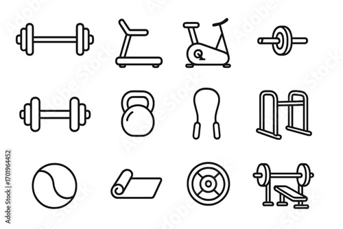 Fitness equipment line icon set. Gym and exercise tools collection. Vector symbols for workout, strength training, and cardio. Dumbbell, treadmill, kettlebell, and weights icons.